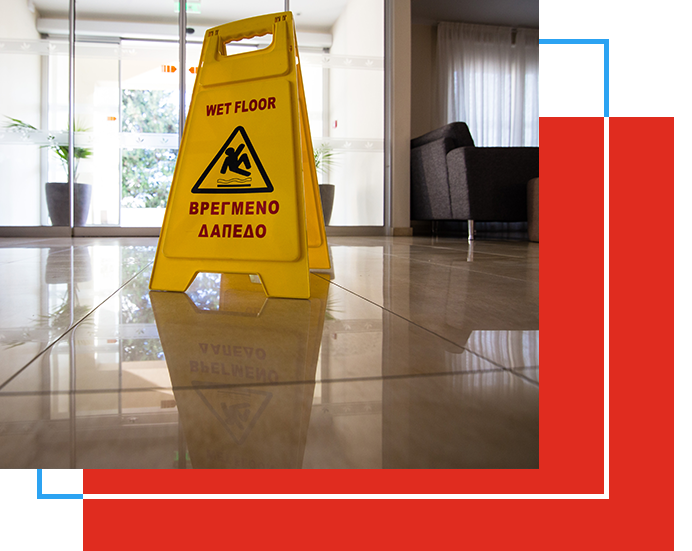 Wet floor sign and shiny tile